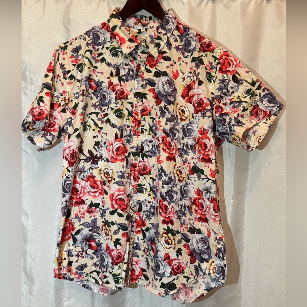 Floral Button Down Shirt Short Sleeve XL – Red, Purple, Cream